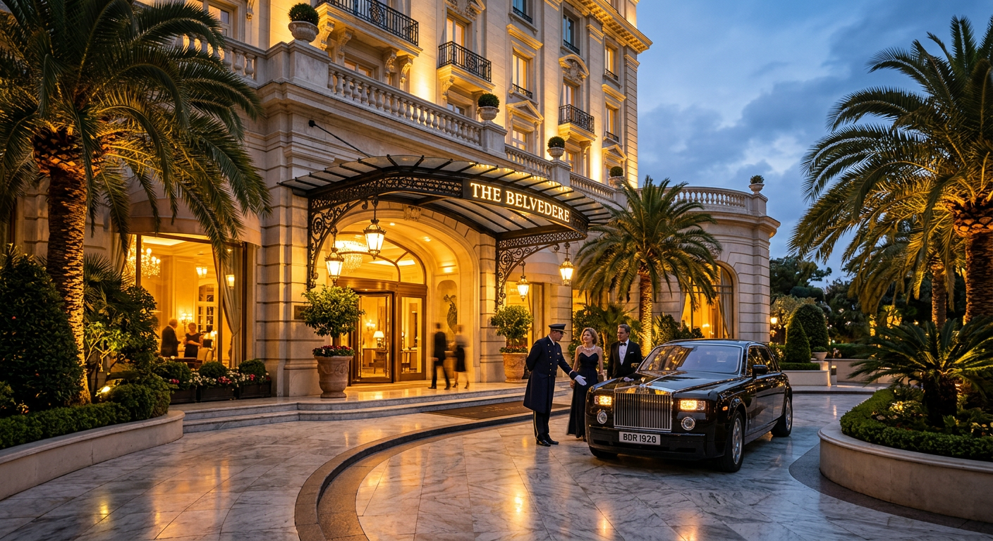 Guests arriving at a grand luxury hotel entrance at dusk